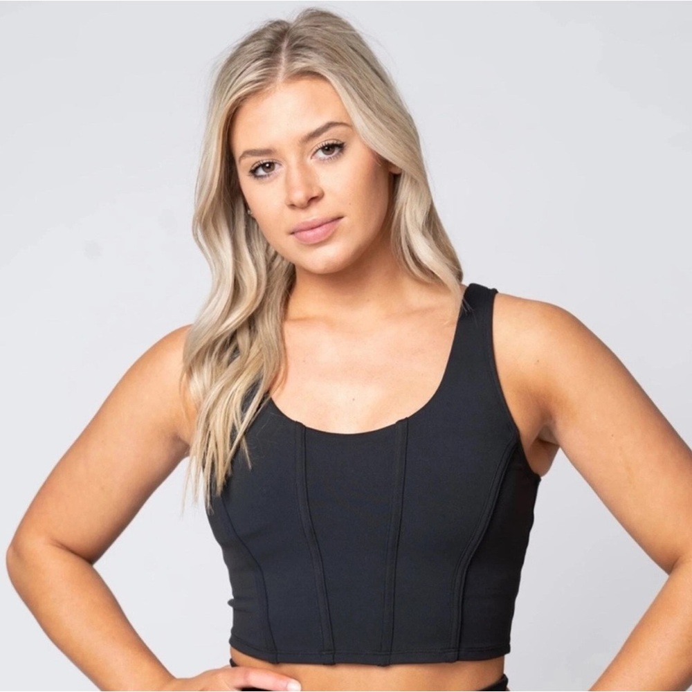 P’TULA Cropped Tank Top Corset Style Athletic Siren Black Yoga Athleisure Medium